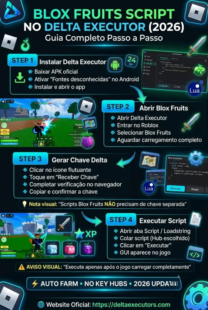 Script Blox Fruits para Delta Executor: Auto Farm, Sem Chave, Hoho Hub e Redz Hub (2026) 3 Infográfico listando scripts gratuitos e sem chave (keyless) de Blox Fruits disponíveis para o Delta Executor em 2026.