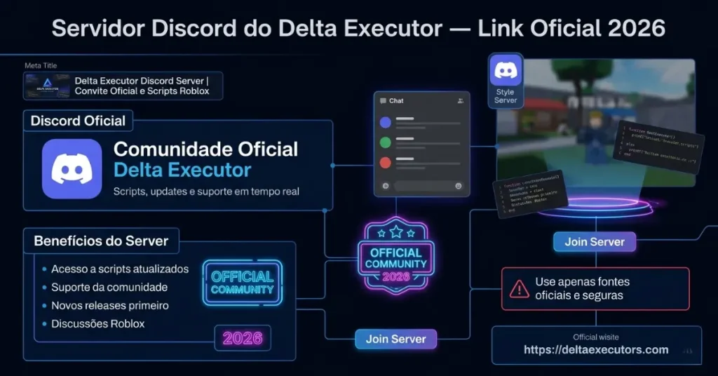 Discord 1 Diagrama mostrando os recursos do Servidor Oficial do Discord do Delta Executor em 2026.