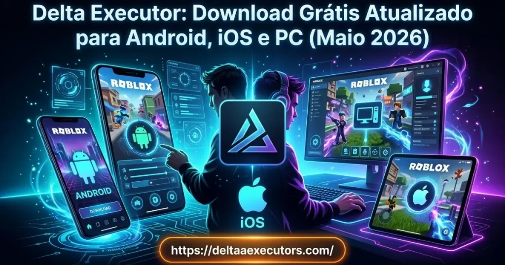 Delta Executor 1 Banner mostrando as opcoes de download do Delta Executor para Android iOS e PC com fundo do jogo Roblox.