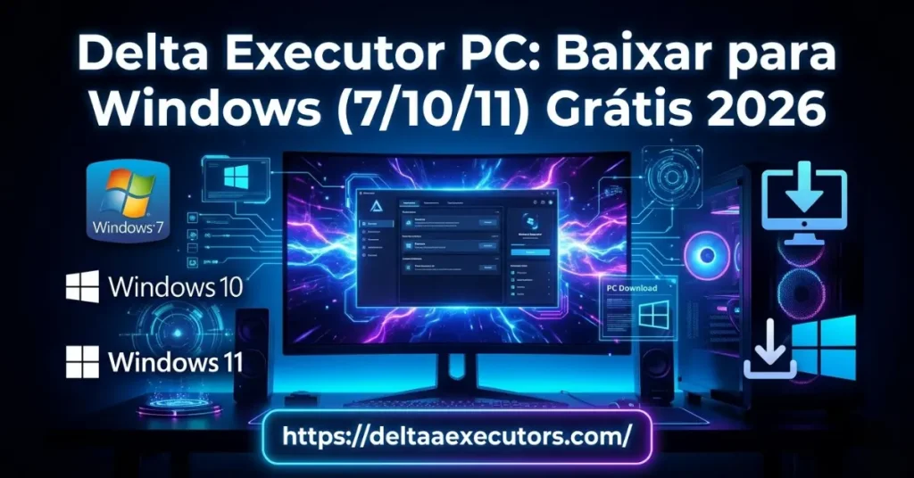 Para PC 1 Banner promocional do Delta Executor para PC mostrando compatibilidade com Windows 7, 10 e 11 em um setup gamer.