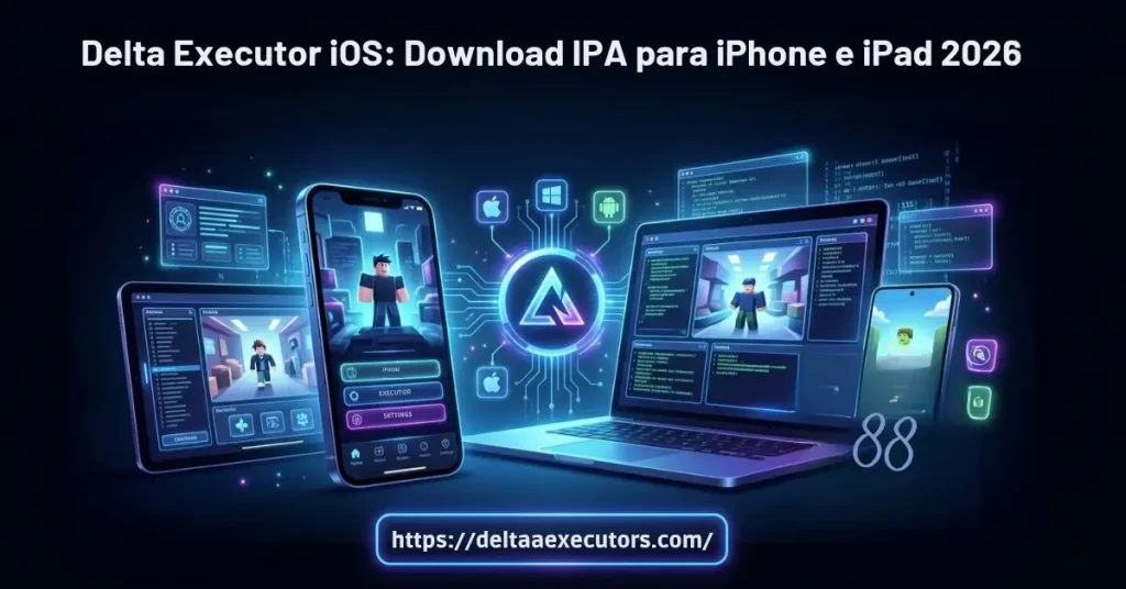 Para iOS 1 Dispositivos móveis e um notebook exibindo o Delta Executor iOS para iPhone e iPad com personagens do Roblox.