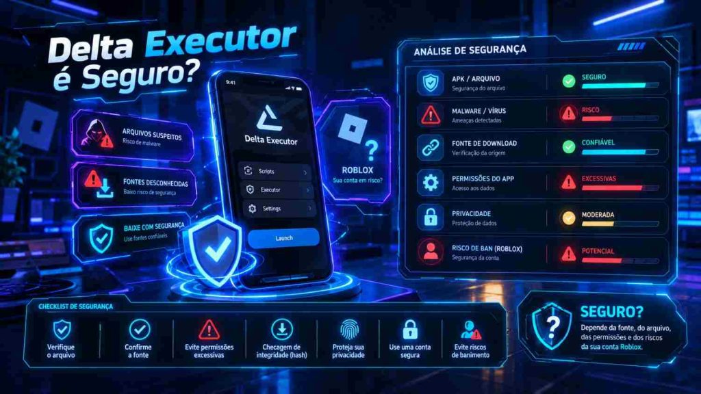 Delta Executor é Seguro? Vírus, Download e Riscos em 2026 2 Delta Executor é seguro? Análise de segurança do APK, malware, permissões e risco de banimento no Roblox.