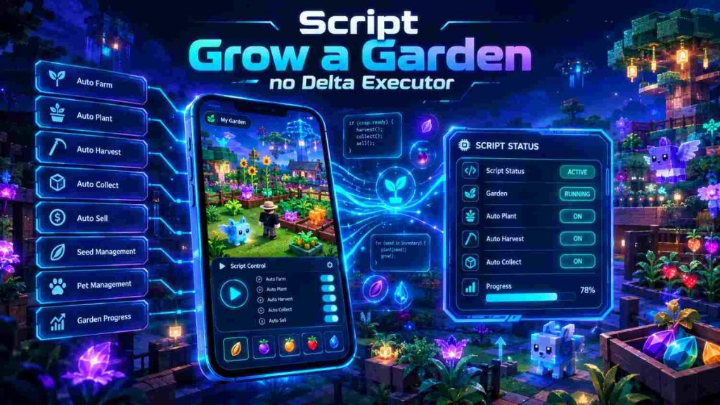 Script Grow a Garden no Delta Executor | Como Usar, Riscos e Soluções (Outubro 2026) 2 Script Grow a Garden no Delta Executor showing garden automation, auto harvest, auto plant and script features.
